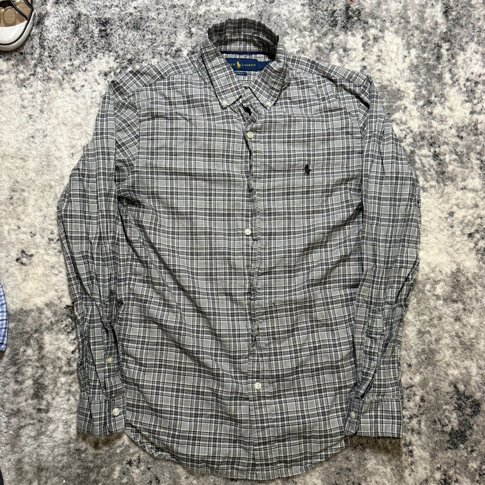 Polo Ralph Lauren Slim Fit Shirt Mens Medium Grey Plaid Long Sleeve Button‎ Down